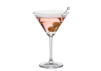 Isolated olive martini in a glass with pick, an aperitif or cocktail against a plain background