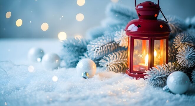 Cozy winter scene with red lantern and christmas ornaments in snow - Powered by Adobe