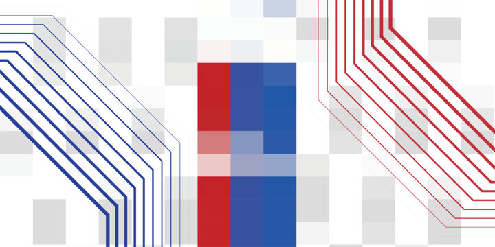 Abstract technological background with red and blue parallel lines converging on a central block over a pixelated grid.