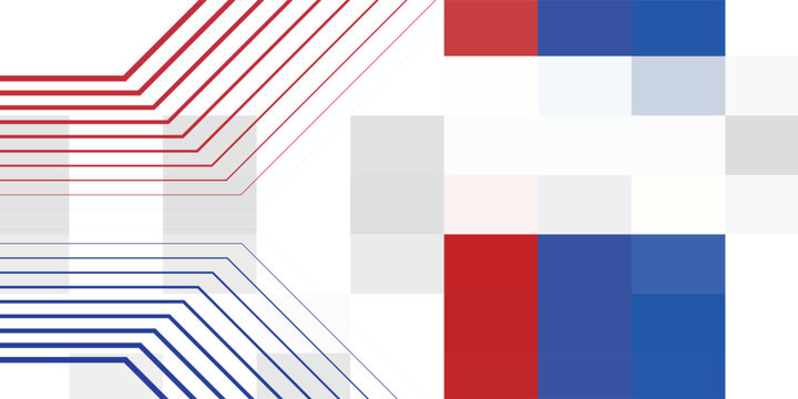 Abstract red and blue circuit lines on a pixelated white background.