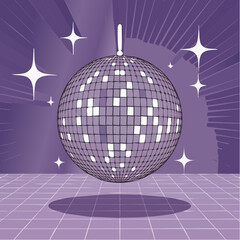 A shimmering disco ball hangs above a checkered floor with sparkling stars on a purple background, evoking a retro party atmosphere.