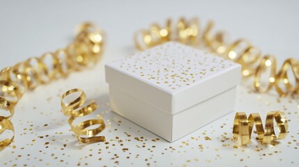 Luxury white and gold present box with levitating golden ribbon, elegant gift