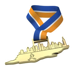 Gold medal featuring a city skyline, running figure, and wine bottle design on a striped ribbon isolated on transparent background