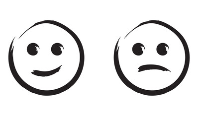Hand drawn doodle Happy and sad emoticon face contrast. Simple black and white illustration showing happy and sad faces side by side, representing opposite emotions and mood contrast.
