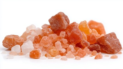 Macro photo of orange Himalayan salt crystals with amber and coral tones, isolated on white background