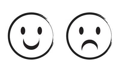 Hand drawn doodle Happy and sad emoticon face contrast. Simple black and white illustration showing happy and sad faces side by side, representing opposite emotions and mood contrast.
