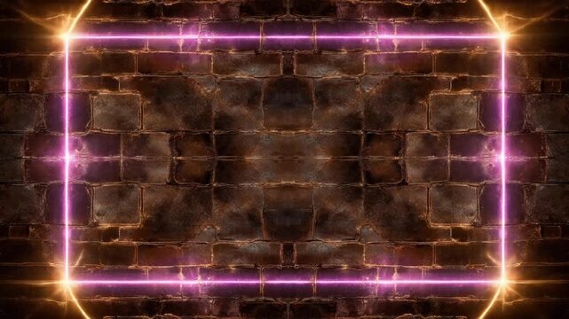 A textured brick wall is framed by a glowing neon rectangle. Lighting is warm and vibrant