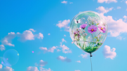 A balloon floating in the blue sky, filled with flowers and water, symbolizing the delicate balance between nature and plastic, and the importance of preserving the environment.