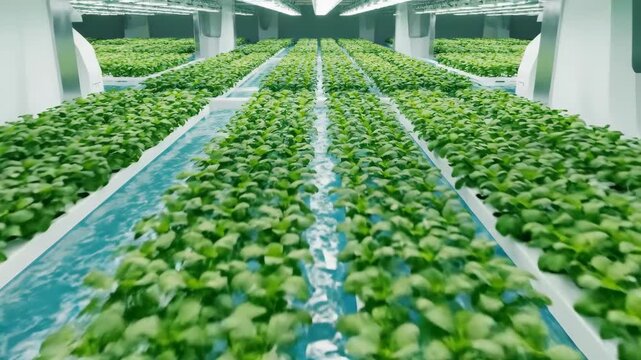 Indoor Basil Farm with Rows of Green Plants Growing