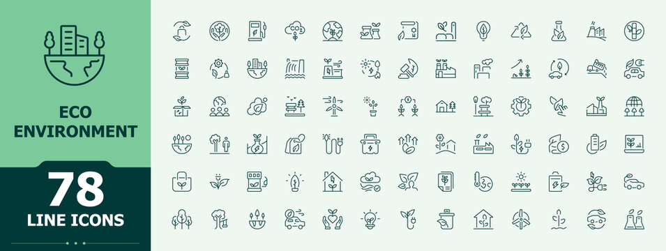 ECO Environment icon set. Energy icon set in linear style. Minimalist icons pack. Pack of forest, ecology, earth, sustainability, green, ecosystem and more. Vector illustration.