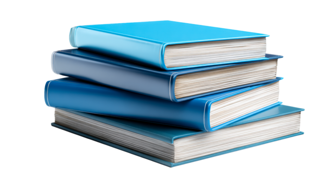 Stack of four hardcover books with blue covers