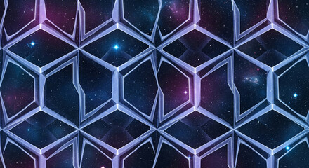 Abstract science fiction background featuring a futuristic honeycomb grid with windows looking out into a cosmic galaxy with stars