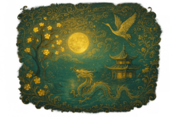 Golden dragon, crane, and pagoda creating a fantastical chinese art scene at night, full moon and cherry blossoms