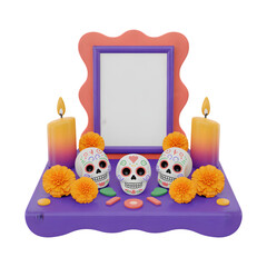 Mexican Day of the Dead altar with sugar skulls marigolds and candles for traditional celebration isolated on transparent background