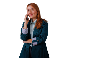 Professional businesswoman smiling while having a phone call, communicating and networking on transparent background