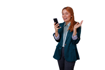 Happy businesswoman experiencing good news on smartphone, feeling excited and communicating online