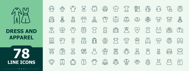 Dress And Apparel linear icon collection. Modern thin line style icons. Vector collections. Clothing modern icon set. Includes symbols for apparel, garment, suit, textile, fashion and more.