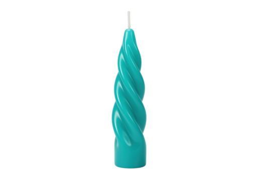 Isolated teal spiral candle, for celebrations or decor, on seamless backdrop of nothingness