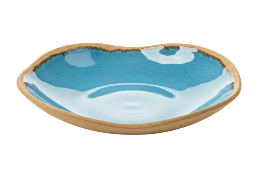 Isolated ceramic plate, handmade artisan dish, textured pottery glaze in light blue color