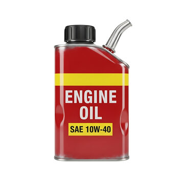 Vintage style red metal canister filled with sae 10w 40 engine oil featuring a spout and black cap isolated on black background