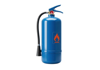Isolated blue fire extinguisher with orange flame sign, for home, office, safety compliance