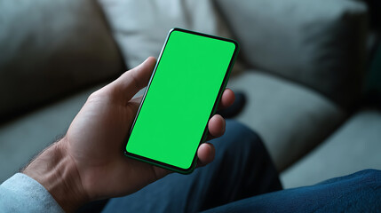Man holding a smartphone with a green screen while sitting on a couch, showcasing the device's display and usability. The screen offers flexibility for content insertion.
