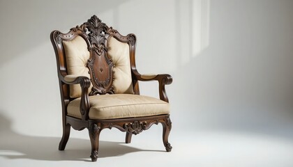 Ornate wooden chair with cream cushions and intricate carvings against a white backdrop in studio light