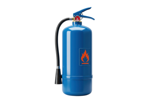 Isolated blue fire extinguisher with orange flame sign, for home, office, safety compliance