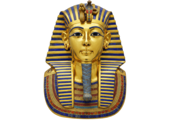 Isolated gilded burial mask of Tutankhamun replica for historical museum displays