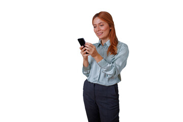 Professional woman with red hair smiling, using smartphone for texting and social media, networking on transparent background