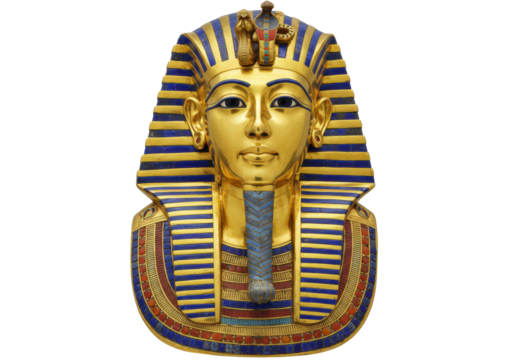 Isolated gilded burial mask of Tutankhamun replica for historical museum displays
