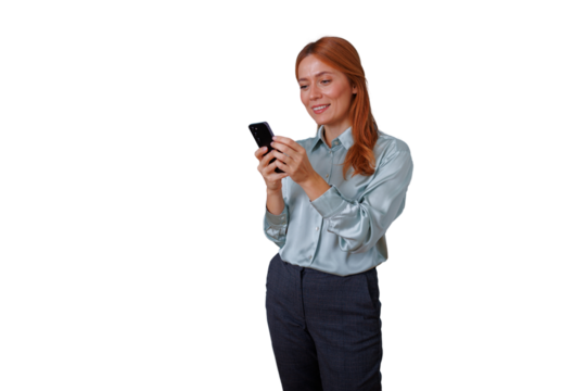 Professional woman with red hair smiling, using smartphone for texting and social media, networking on transparent background