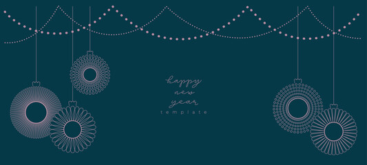 Line Happy new year, Christmas luxury banner, card with simple toy, ball, bauble on blue background. Festive winter holiday modern minimalist vector decoration