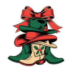 Christmas Cowboy Boots and Hats with Red Ribbon Illustration