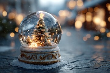 Glittering christmas tree inside a snow globe rests on a snowy surface with bokeh lights in the background
