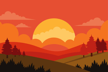 sunset over fall meadow vector background