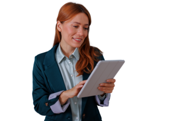 Young redhead businesswoman smiling, reading information on a tablet computer, working remotely, transparent background