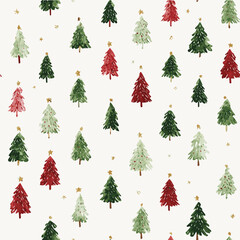 Seamless pattern of hand-painted Christmas trees, watercolor illustration style