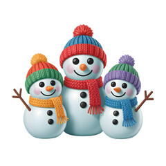 Three cheerful snowman characters wearing colorful hats and scarves ready for winter holidays isolated on transparent background