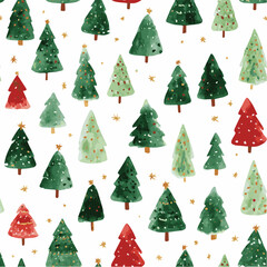 Seamless pattern of hand-painted Christmas trees, watercolor illustration style