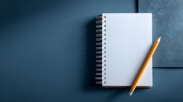 Blank spiral notebook with yellow pencil on blue surface and textured background for writing or drawing - Powered by Adobe