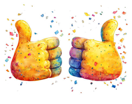 colorful watercolor thumbs up hand gestures with confetti for positive feedback and approval concepts.