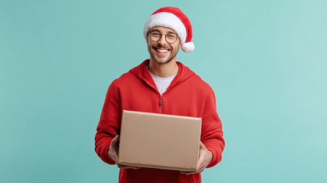 Delivery driver in festive attire smiles while presenting a package against a cheerful turquoise backdrop during the holiday season