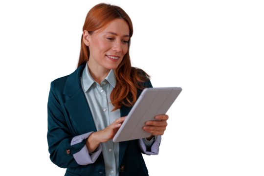 Young redhead businesswoman smiling, reading information on a tablet computer, working remotely, transparent background