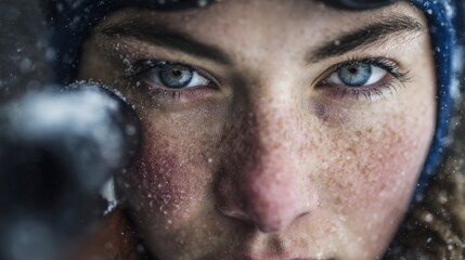 Winter Athlete Focusing with Visible Breath and Snow Bokeh.
