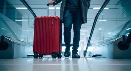 Person with red suitcase on escalator in airport terminal traveling for business or vacation trip