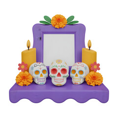 Three colorful sugar skulls and lit candles on a vibrant purple Day of the Dead altar isolated on transparent background