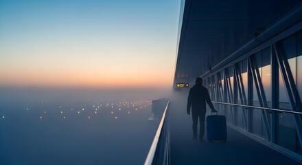 A person walking with a suitcase in an airport terminal at dawn with city lights in the distance