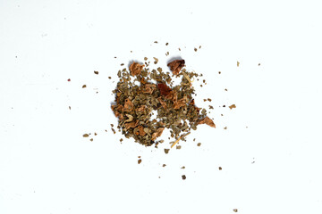 set of Various herbal tea with fermented fruits, flowers, hibiscus, roseships, on white background.