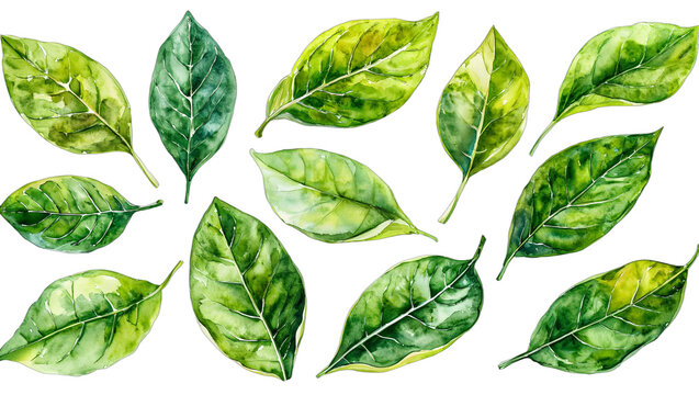 watercolor leaf collection, vibrant green botanical illustration for spring or summer designs.